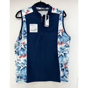 IZOD Golf Women L Navy Blue SwingFlex Sleeveless Quarter Zip Polo Top NWT
